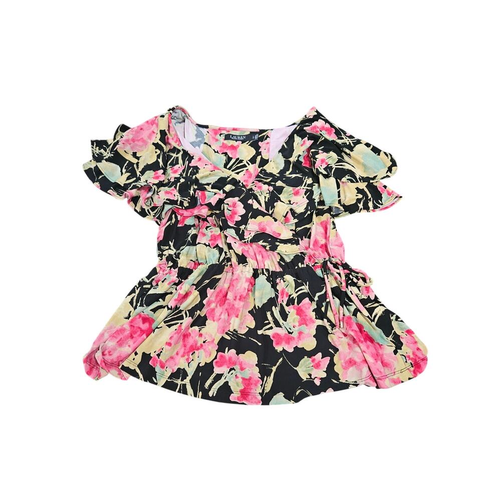 Lauren Ralph Lauren Black Label Floral Faux Wrap Peplum Blouse Ruffle L Large